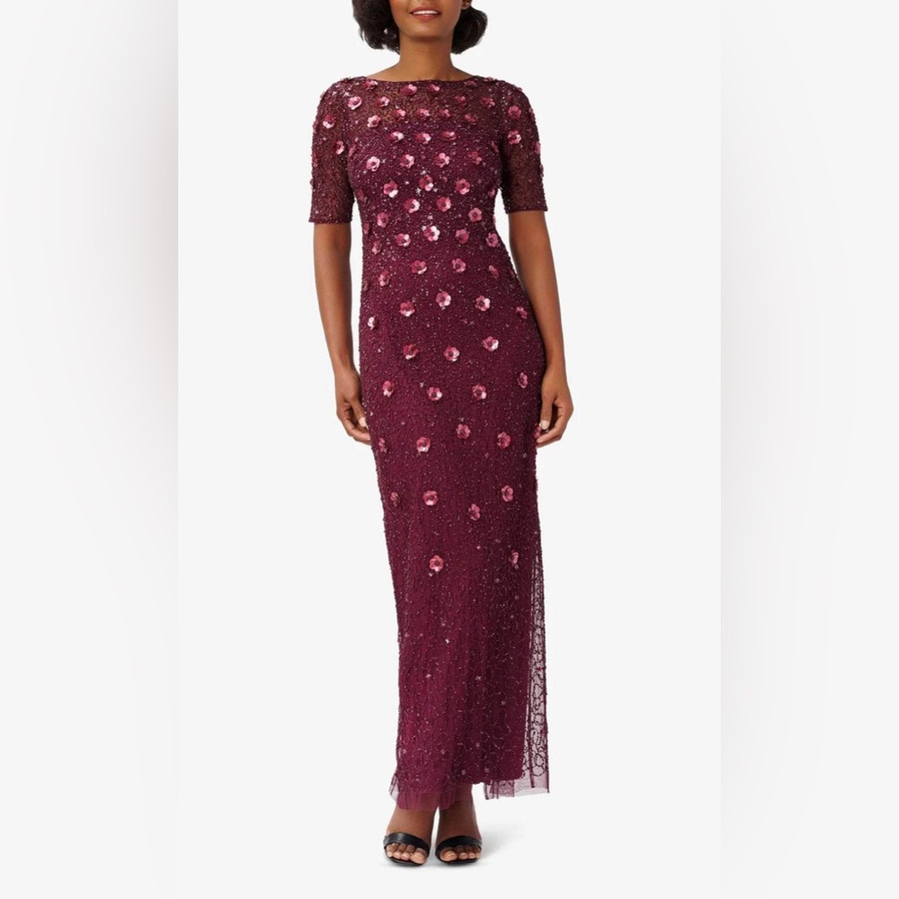 Adrianna Papell Wine Sequin Maxi Dress